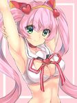  animal_ears arm_behind_head armpits arms_up bow breasts cleavage cleavage_cutout crop_top fake_animal_ears green_eyes hair_bow hairband highres long_hair looking_at_viewer maruki_(punchiki) medium_breasts navel pink_hair rosia_(show_by_rock!!) show_by_rock!! smile solo twintails upper_body very_long_hair yellow_hairband 