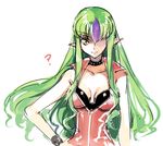  ? breasts c.c. cleavage code_geass collar collarbone cosplay creayus green_hair hair_over_one_eye hand_on_hip long_hair looking_at_viewer medium_breasts misery_(outer_zone) misery_(outer_zone)_(cosplay) multicolored_hair outer_zone pointy_ears purple_hair simple_background sleeveless smile solo two-tone_hair white_background yellow_eyes 