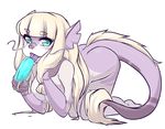  all_fours bent_over blue_eyes breasts dragon female food grey_skin hair ice_cream licking long_hair looking_at_viewer nude popsicle solo tongue tongue_out white_hair zyira 