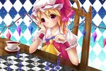  argyle argyle_background aru0607 ascot blonde_hair board_game chair chess chess_piece chessboard cup dutch_angle elbow_rest expressionless flandre_scarlet gradient gradient_background hat head_rest light_particles looking_at_viewer mob_cap puffy_short_sleeves puffy_sleeves red_eyes saucer short_hair short_sleeves side_ponytail sitting solo table teacup touhou upper_body wings wrist_cuffs 