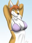  alice_(cayo) anthro black_nose bra cayo cleavage clothed clothing female fur green_eyes hair hands_behind_head orange_hair smile solo tan_fur underwear white_fur 