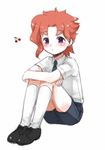  cherry child earrings food fruit jewelry jojo_no_kimyou_na_bouken kakyouin_noriaki kneehighs male_focus megane_shinchuu necktie purple_eyes red_hair shorts sitting solo younger 