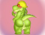  anus backsack balls blush crocodile digital_media_(artwork) dripping eyewear finger_in_mouth goggles hat looking_at_viewer looking_back male moobs nipples overweight penis perineum precum raised_tail rear_view reptile scalie seyrmo solo standing unknown_character 