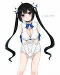  black_hair blue_eyes blue_ribbon blush bow breasts cleavage cleavage_cutout dress dungeon_ni_deai_wo_motomeru_no_wa_machigatteiru_darou_ka gloves hair_ornament hair_ribbon hands_together hestia_(danmachi) highres large_breasts leaning_forward long_hair looking_at_viewer megane_shinchuu rei_no_himo ribbon smile solo twintails very_long_hair white_background white_dress white_gloves 