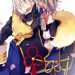  akiru_(hokuouhuuhu) animal animal_on_shoulder armor black_gloves closed_eyes earrings fox gloves japanese_armor jewelry long_sleeves magatama magatama_earrings menpoo nakigitsune nakigitsune's_fox necktie petals smile touken_ranbu upper_body white_hair 