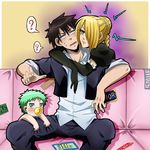  1girl 2boys baby_be&#039;el baby_be'el beelzebub_(manga) gradient gradient_background hilda_(beelzebub) hug karoll_ann multiple_boys oga_tatsumi 