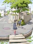  black_hair bridge cityscape commentary highres house kneehighs leaning_forward lily_pad manhole multiple_girls original ponytail power_lines school_uniform short_hair tnt_(aaaazzzz) translated tree 