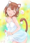  :d ^_^ amami_haruka animal_ears bare_back brown_hair cat_ears cat_tail closed_eyes dress facing_viewer idolmaster idolmaster_(classic) inoue_sora jpeg_artifacts leaning_forward nail_polish open_mouth see-through_silhouette smile solo sundress tail white_dress 