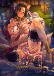  1girl :d after_sex animal_ears bad_id bad_pixiv_id black_hair blush breasts censored cum cum_in_pussy detached_collar fox_ears fox_tail futon genshi gigantic_breasts heart heart_censor japanese_clothes kimono kyuubi long_hair looking_at_viewer lying multiple_tails navel nipple_piercing on_back open_mouth original piercing ponytail pussy smile tail tatami tattoo yellow_eyes 
