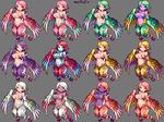  alternate_color blonde_hair breasts cleavage commentary_request dark_skin feathered_wings feathers green_eyes green_hair grey_background harpy large_breasts looking_at_viewer monster_girl multiple_views navel original pink_hair pointy_ears purple_hair purple_skin red_eyes red_hair sb_(coco1) short_hair simple_background smile talons variations white_hair wings yellow_eyes 