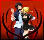  1boy 1girl beelzebub_(manga) gradient gradient_background hilda_(beelzebub) karoll_ann oga_tatsumi sword weapon 