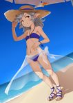  aya_shachou beach bikini blue_bikini breasts brown_eyes collarbone day full_body granblue_fantasy grey_hair harvin hat jpeg_artifacts navel ocean parted_lips pointy_ears sahli_lao sandals sarong small_breasts solo standing sun_hat swimsuit umbrella 