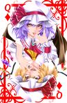  ascot bat_wings card card_(medium) fangs finger_licking flandre_scarlet hat hat_ribbon highres licking looking_at_viewer multicolored multicolored_wings multiple_girls open_mouth playing_card remilia_scarlet ribbon rotational_symmetry short_hair siblings sisters tongue tongue_out touhou wings yoiti 