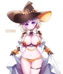  bad_id bad_pixiv_id bikini blush bow bowtie bracelet breasts curvy hat highres jewelry kanola_u large_breasts navel purple_eyes short_hair silver_hair simple_background smile solo swimsuit thigh_strap white_background witch_hat yellow_bikini 