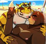  abs anthro beach bear bearlovestiger13 biceps chest_tuft feline fur juuichi_mikazuki male mammal morenatsu muscles nipples pecs seaside tiger torahiko_ooshima tuft 