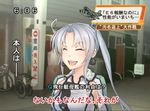  akitsushima_(kantai_collection) closed_eyes earrings grey_hair jewelry kantai_collection long_hair nishikitaitei-chan parody side_ponytail smile solo translation_request trg_(trg_mamire) 