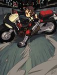  ahoge akira alex_ahad biker_clothes brown_hair drifting dust_cloud ground_vehicle justice_gakuen kazama_akira motor_vehicle motorcycle namesake parody riding shiritsu_justice_gakuen short_hair shoulder_pads smoke solo 