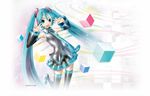  aqua_eyes aqua_hair boots detached_sleeves hatsune_miku jumping kei_(keigarou) long_hair looking_at_viewer miniskirt necktie official_art skirt smile solo thigh_boots thighhighs twintails v very_long_hair vocaloid 