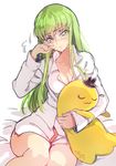  bed_sheet breasts c.c. cheese-kun cleavage code_geass creayus crying crying_with_eyes_open green_hair hat long_hair medium_breasts shirt simple_background sitting solo tears white_background yellow_eyes 