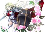  awakening_(sennen_sensou_aigis) blonde_hair blue_eyes boots cape cornelia_(sennen_sensou_aigis) flower hair_ribbon highres ihara_natsume long_hair neckerchief pauldrons petals ribbon sennen_sensou_aigis shield solo standing standing_on_one_leg sword thigh_boots thighhighs vambraces weapon white_background white_footwear white_legwear zettai_ryouiki 