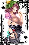  bell bow bowtie card card_(medium) club_(shape) fangs futatsuiwa_mamizou hat highres houjuu_nue looking_at_viewer multiple_girls parted_lips pipe playing_card polearm profile rotational_symmetry snake tongue tongue_out touhou trident weapon wrist_cuffs yoiti 