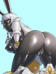  1girl android animal_ears ass black_skin borrowed_character breasts bunny_ears commentary dark_nipples female finger_to_mouth from_behind highres john_doe kneepits large_breasts long_hair nipples no_mouth original puffy_nipples pussy robot_ears robot_joints shiny shiny_skin silver_hair simple_background solo thick_thighs thighs uncensored yellow_eyes 