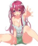  bad_id bad_pixiv_id bare_shoulders blush breasts cleavage elfen_lied hair_ornament hohehohe legs_apart long_hair looking_at_viewer medium_breasts no_bra nyuu off_shoulder open_mouth outstretched_arm purple_eyes reaching red_hair shorts simple_background sleeveless smile solo strap_slip tank_top white_background 