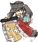  :d alternate_hair_color amamori_kohan banned_artist black_hair blue_fire brown_eyes fire holding kantai_collection long_hair long_sleeves onmyouji open_mouth pointing pointing_at_viewer ryuujou_(kantai_collection) scroll shikigami sideways_hat simple_background smile solo twintails upper_body visor_cap white_background 