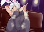  1girl animal_ears bunny_ears bunnysuit chair feet league_of_legends no_shoes pantyhose phb pixiv_manga_sample pov_feet riven_(league_of_legends) sitting smell smile soles toes white_hair yellow_eyes 