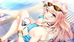  asymmetrical_hair blue_eyes blush bracelet breasts coffee_cup covered_nipples cup disposable_cup drinking_straw fangs galko highres hozumi_kaoru jewelry large_breasts long_hair looking_at_viewer one_side_up open_mouth oshiete!_galko-chan pink_hair pool sandals side_bun signature smile solo sunglasses swimsuit 
