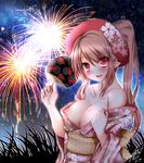  2015 artist_name blush breasts brown_hair dated fan fireworks highres japanese_clothes jotti kimono large_breasts long_hair looking_at_viewer night nipples obi off_shoulder paper_fan phantasy_star phantasy_star_online_2 pointy_ears ponytail red_eyes reimusan_(jotti) sash signature solo uchiwa 