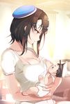  1girl baby baby_carry black_hair breast_feeding breast_slip breasts from_side hat hayakawa_akari if_they_mated jewelry kantai_collection large_breasts looking_at_another mother_and_son one_breast_out red_eyes ring short_hair short_sleeves takao_(kantai_collection) twitter_username upper_body wedding_band 