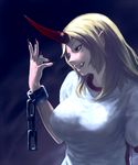  blonde_hair breasts chain cuffs fang fingernails gengoroumaru_(ambidextrous) gradient gradient_background horn hoshiguma_yuugi large_breasts long_fingernails long_hair looking_away nail_polish open_mouth pointy_ears red_eyes shirt smile solo star touhou upper_body 