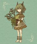  anklet aqua_background barefoot flower_ornament full_body green_eyes green_hair holding horn_ornament horns jewelry pixiv_fantasia plant pointy_ears poncho satsumai simple_background sketch skirt skirt_set solo tree wrist_cuffs 