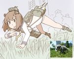  all_fours bangs binoculars building cannon grass headgear kantai_collection legs nns_(sobchan) reference_photo reference_photo_inset slow_loris solo uniform yukikaze_(kantai_collection) 