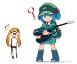  2girls ? backpack bag blue_eyes blue_hair boots crossover full_body hair_bobbles hair_ornament hat inkling jet_squelcher_(splatoon) kawashiro_nitori kitsune_(kazenouta) long_sleeves looking_down monster_girl multiple_girls open_mouth orange_hair rubber_boots simple_background splatoon_(series) splatoon_1 tentacle_hair touhou twintails two_side_up weapon white_background 
