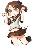  blush brown_eyes brown_hair chestnut_mouth jumping kantai_collection nanatsuta navel neck_ribbon pleated_skirt ponytail ribbon sailor_collar school_uniform serafuku shikinami_(kantai_collection) skirt solo stomach twitter_username white_background 