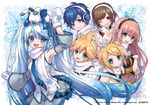  &gt;_&lt; 4girls 778-go :d animal animal_on_head aqua_eyes blonde_hair blue_eyes blue_hair brown_eyes brown_hair bunny closed_eyes detached_sleeves earmuffs gloves hair_ornament hair_ribbon hairclip hatsune_miku kagamine_len kagamine_rin kaito long_hair looking_at_viewer megurine_luka meiko mittens multiple_boys multiple_girls necktie on_head one_eye_closed open_mouth pink_hair ribbon scarf skirt smile snowflakes twintails very_long_hair vocaloid yuki_miku yukine_(vocaloid) 