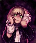  arm_warmers blonde_hair dark fang gengoroumaru_(ambidextrous) glowing glowing_eyes green_eyes highres looking_at_viewer mizuhashi_parsee scarf shirt short_hair short_sleeves solo tears touhou upper_body 