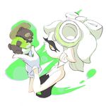  commentary_request detached_collar domino_mask dress earrings gloves hikimayu hotaru_(splatoon) inoue_seita jewelry mask object_on_head official_art pointy_ears short_hair solo splatoon_(series) splatoon_1 strapless strapless_dress tanuki tentacle_hair upper_body white_gloves white_hair yellow_eyes 