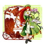  adapted_costume arm_behind_back blue_eyes braid chinese_clothes fan folding_fan hair_tubes hat hong_meiling koorogi_(misstext) long_hair long_sleeves looking_at_viewer red_hair shoes shorts smile solo star touhou very_long_hair wide_sleeves 
