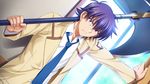  angel_beats! axe battle_axe blue_neckwear game_cg indoors looking_at_viewer male_focus na-ga necktie noda_(angel_beats!) purple_hair school_uniform shinda_sekai_sensen_uniform solo weapon 