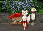  animal animal_ears animal_on_hand barefoot bench brick_wall bus_stop bush cat crossed_legs elu_butyo facing_viewer flower geta hat highres hydrangea inubashiri_momiji kitten looking_down moss one_eye_closed oriental_umbrella pavement pom_pom_(clothes) red_eyes shirt shoes_removed short_hair sitting skirt sleeveless sleeveless_shirt smile solo tail tengu-geta tokin_hat touhou umbrella white_hair wolf_ears wolf_tail 