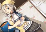  apron blue_eyes blush breasts cooking dutch_angle food hair_over_one_eye hamakaze_(kantai_collection) headdress kantai_collection long_hair looking_at_viewer medium_breasts open_mouth pantyhose plan_(planhaplalan) pleated_skirt ponytail school_uniform serafuku short_sleeves silver_hair skirt smile solo tenugui yellow_apron 