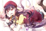  beret boots brown_footwear commentary_request dress hand_on_own_cheek hat head_rest knee_boots long_hair looking_at_viewer lying on_stomach phino purple_hair red_eyes solo thigh_strap underbust very_long_hair vocaloid wrist_cuffs xin_hua 