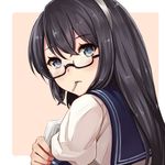  black_hair blue_eyes blush border glasses hairband kantai_collection long_hair looking_at_viewer looking_to_the_side mouth_hold ooyodo_(kantai_collection) pink_background qunqing school_uniform semi-rimless_eyewear serafuku short_sleeves simple_background solo under-rim_eyewear upper_body white_border 