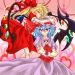  ascot bellk blush bow crossed_arms dress flandre_scarlet hair_bow hat hat_ribbon highres hug multiple_girls remilia_scarlet ribbon siblings side_ponytail sisters smile touhou wings wrist_cuffs 