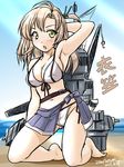  :o arm_up armpits bikini breasts brown_hair cleavage front-tie_top green_eyes kantai_collection kinugasa_(kantai_collection) kneeling large_breasts long_hair looking_at_viewer navel one_side_up rigging skirt swimsuit tatsumi_ray 