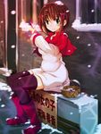  amami_haruka basket black_legwear blush boots breasts brown_hair capelet fire green_eyes idolmaster idolmaster_(classic) knee_boots little_match_girl looking_at_viewer medium_breasts okome_(minagisama) red_footwear smile snow snowing solo thighhighs 