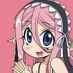  :d blue_eyes blush chibi hands_together head_fins long_hair looking_at_viewer lowres maid_headdress mermaid meroune_lorelei misopetha-menos monster_girl monster_musume_no_iru_nichijou namiuchigiwa_no_muromi-san open_mouth parody pink pink_background pink_hair portrait simple_background smile solo style_parody webbed_hands 